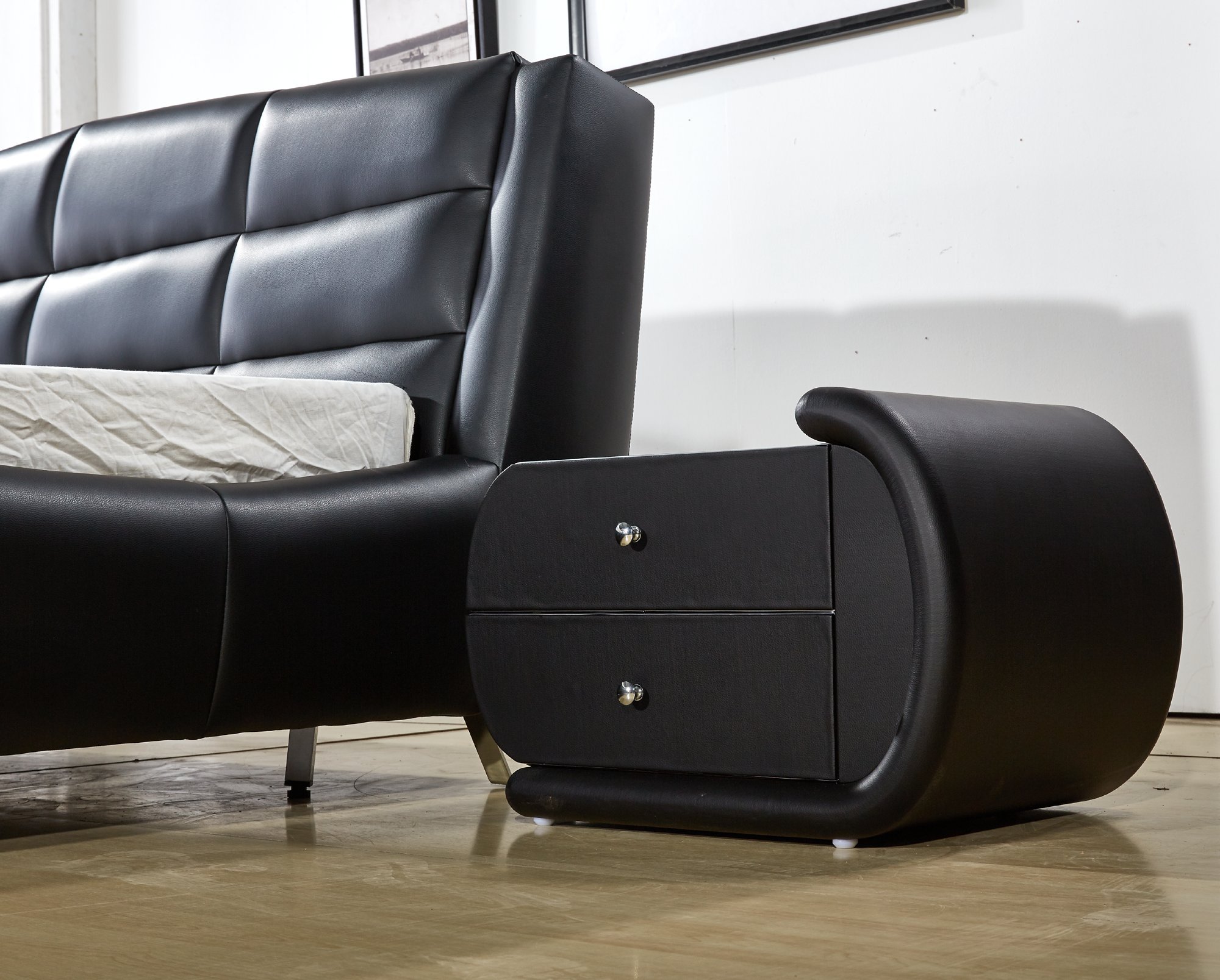 Container Furniture DirectThompson Collection Contemporary Upholstered Faux Leather Left Facing Nightstand with Chrome Drawer Pulls, Standard, Black