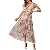 Simplee Womens Summer Floral Maxi Dress 2026 Short Sleeve V Neck Belted Mesh Hem Split Flowy Beach Wedding Guest Dresses