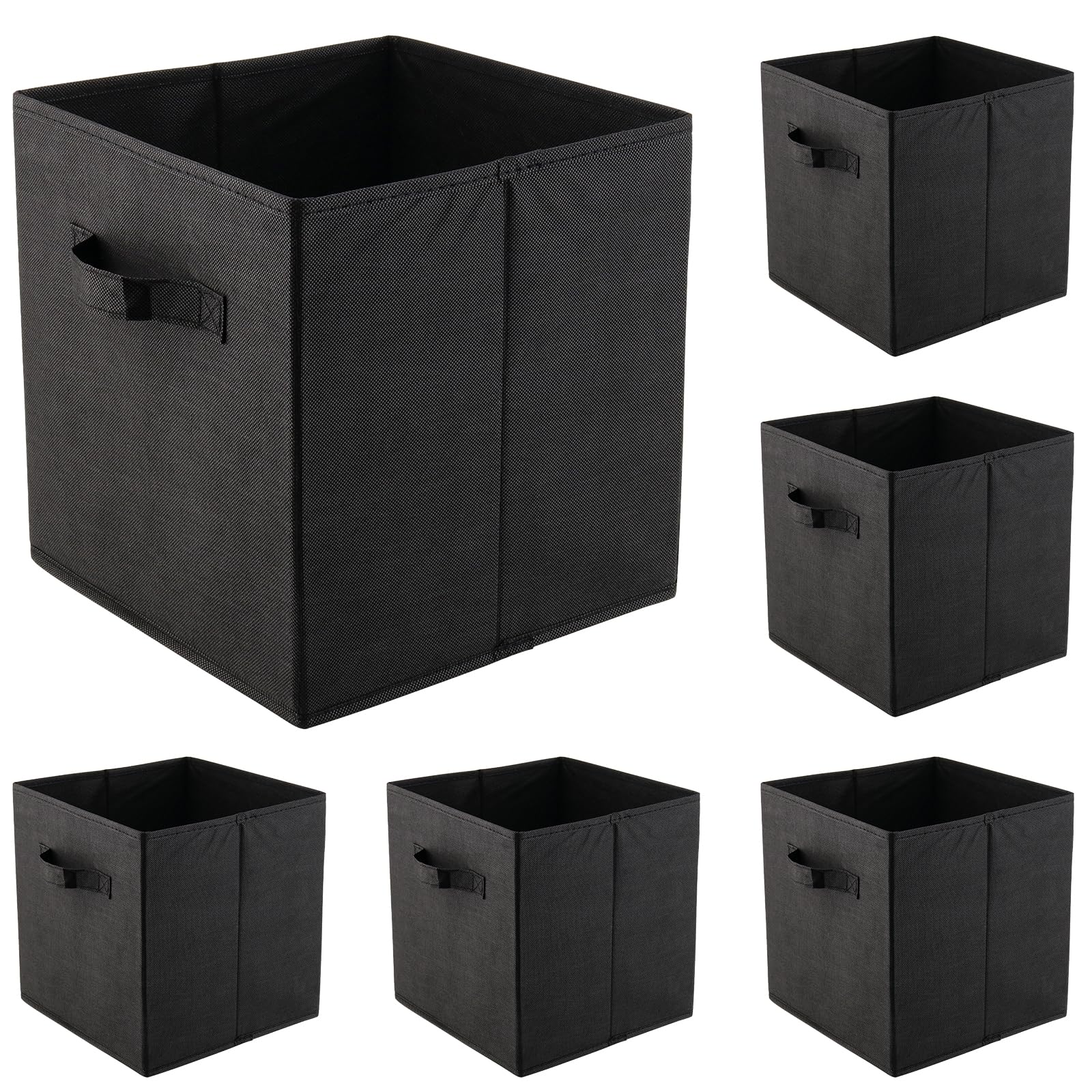DAKFOOK Pack Of 6 Black Foldable Storage Cubes, 27 x 27 x 28 cm Fabric Cube Storage Unit Boxes with Handle, Square Fabric Cardboard Storage Boxes for Shelves