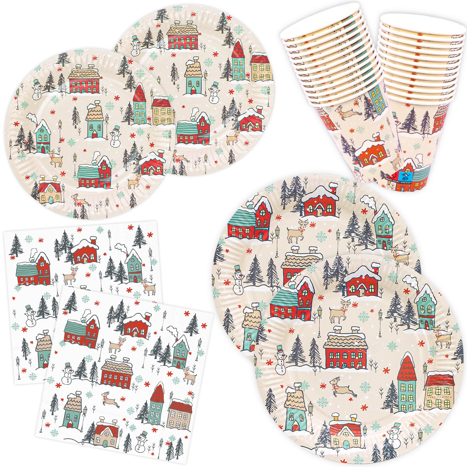 Christmas Paper Plates, Napkins, Paper Cups, Dessert Plates Set 100 Pieces Christmas Village Party Tableware for Table Decorations