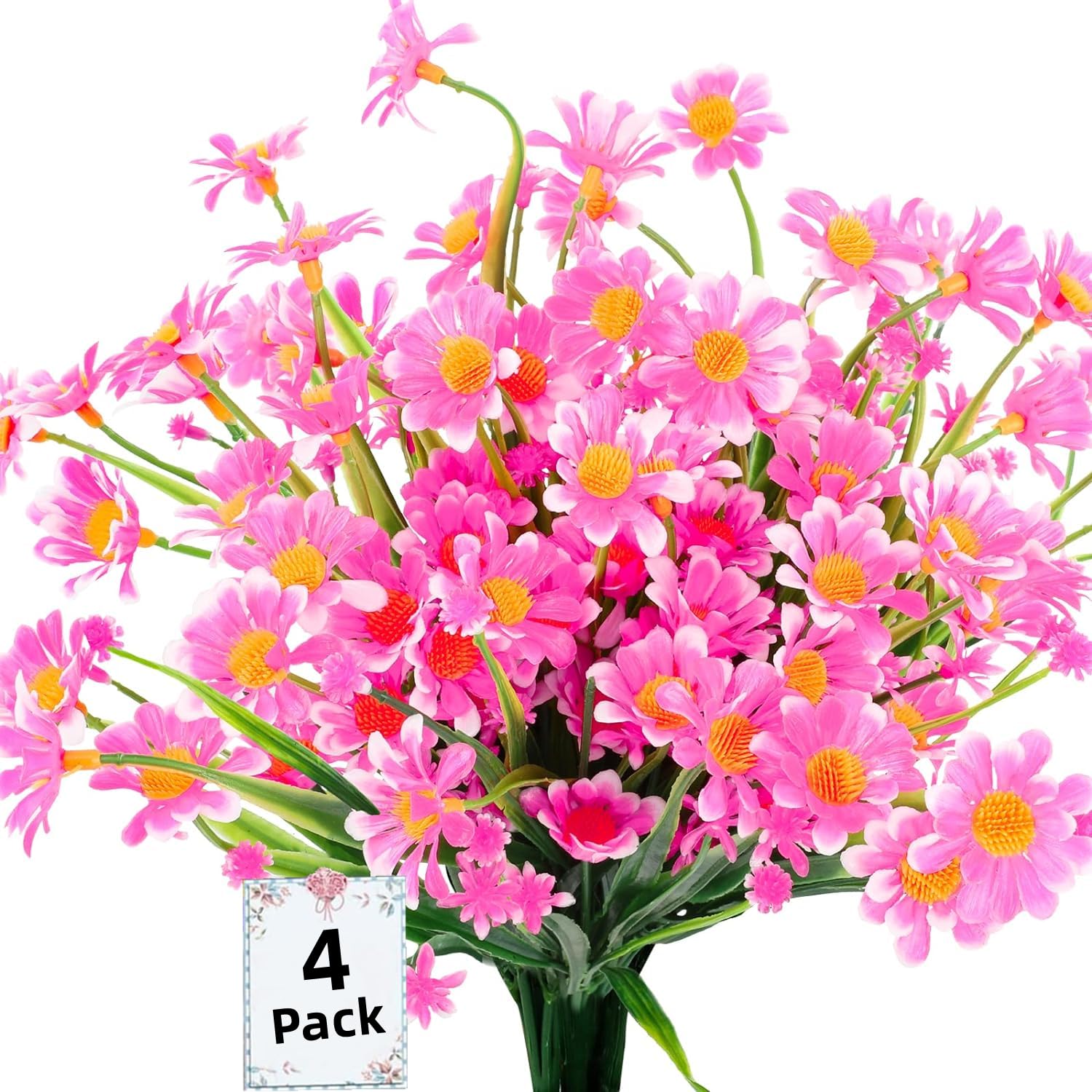 4PCS Artificial Daisy Flowers Outdoor Spring Summer Decoration UV Resistant Fake Flowers Faux Plastic Greenery Shrub Plant Indoor Outside Hanging Garden Home Porch Wedding Party Decor (Pink)