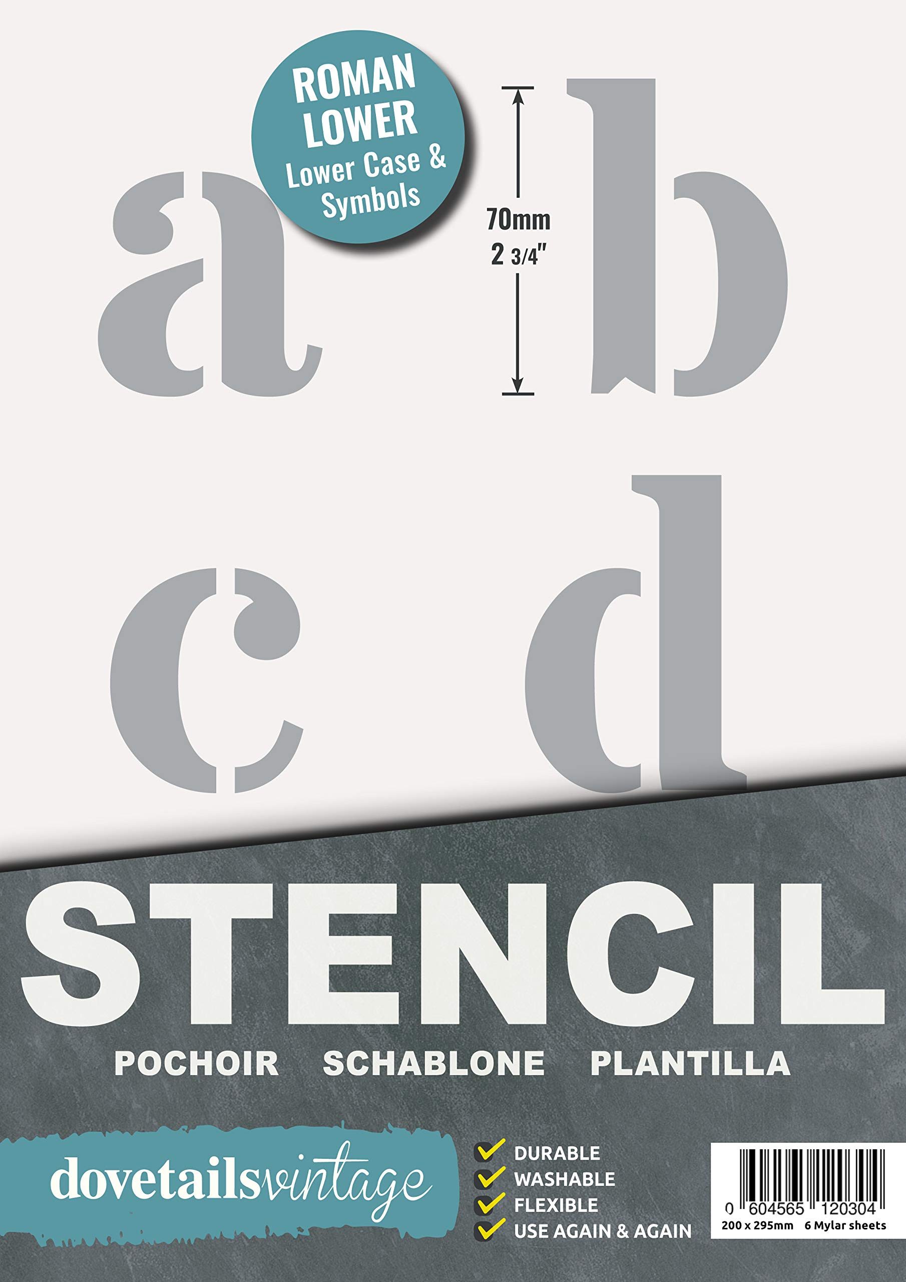 Dovetails Vintage Letter Stencil 70 mm Tall Roman Style Lower Case Letters and Symbols.