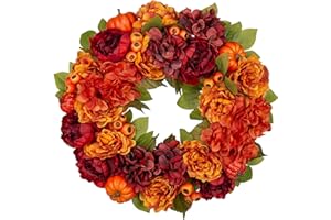 ARBORUS 24" Artificial Fall Floral Wreath for Front Door Autumn Wreath with Pumpkin Peony Hydrangea for Halloween Thanksgiving Day Indoor Outdoor Farmhouse Window Wall Décor