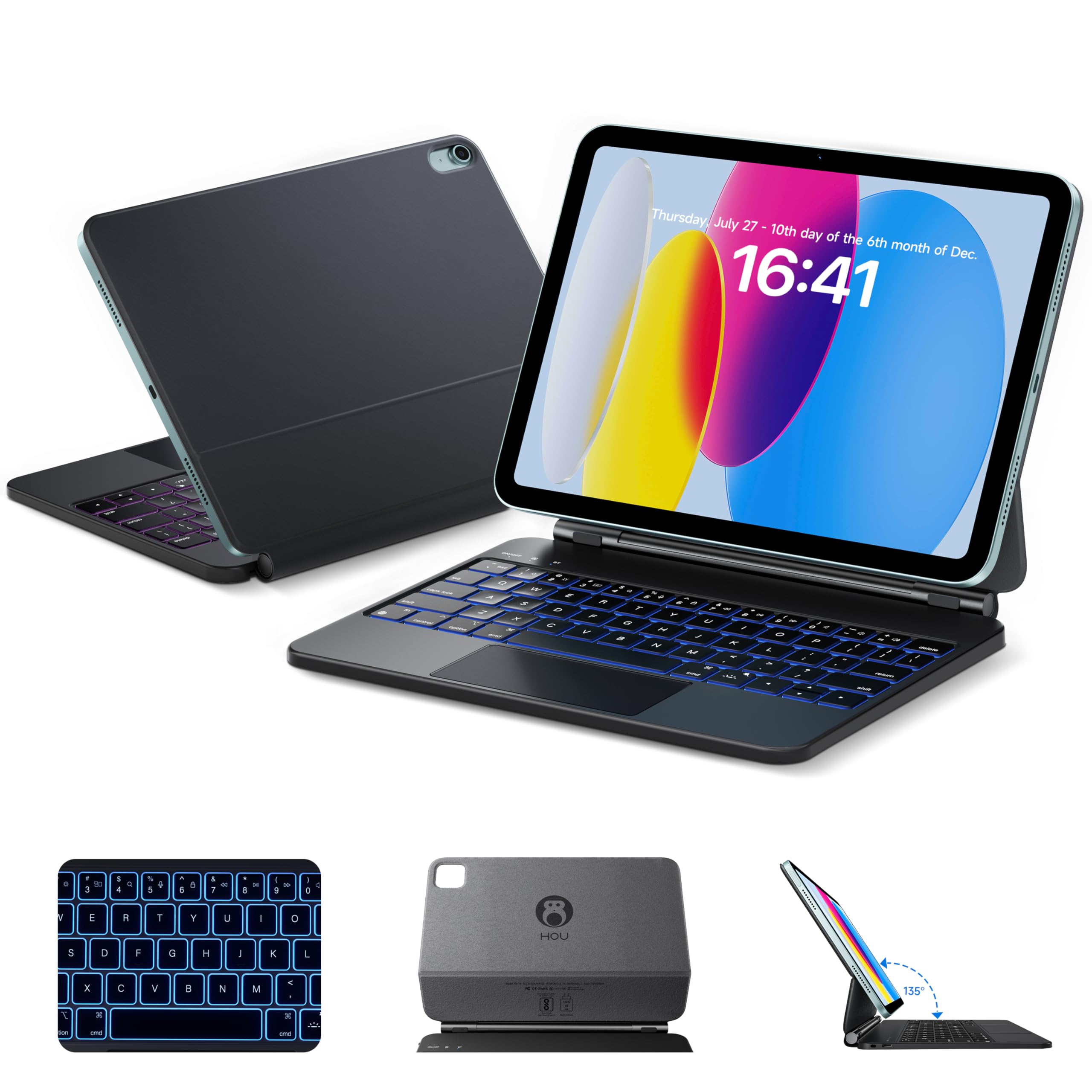 Photo 1 of HOU Keyboard Case for iPad A16 11/10, Magnetic Magic-Stand, Floating Design, Durable Spindles, Multi-Touch Trackpad, 7 Colors Backlit, Stain Resistant PU, Bluetooth