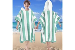 VOOVA & MOVAS Beach Towels for Big Kids - Girl | Teens Hooded Pool Towel Poncho (8-16Years), Large Thick and Absorbent Cotton - Versatile for Pool, Swim, and Bath, Slate Green White Cabana