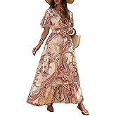 Women’s Boho Floral Maxi Dress V Neck Spring Summer Ruffle Short Sleeve Fashion Beach Vacation Long Dress