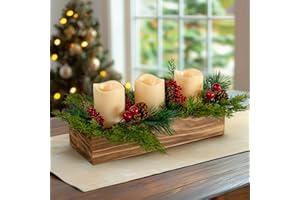 Yongmao Christmas Candle Holder Centerpiece with 3 Flameless Candle, Pine Cones and Gold Red Berry Wood Table Centerpiece for Festival Home Christmas Decoration
