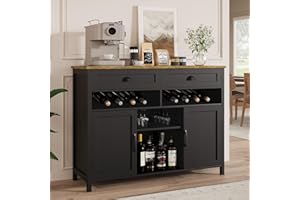 Vividwood 47.2" Modern Farmhouse Wine Bar Cabinet with Wine & Glass Rack, 2 Drawers Buffet Sideboard Storage for Kitchen, Living Room, Dining Room - Coffee & Liquor Station Cabinet (Black)