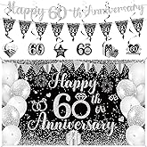 60th Wedding Anniversary Decoration Black Silver Happy 60th Anniversary Banner Hanging Swirls for Men Women 60 Years Wedding Party Decorations Supplies