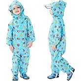 Fewlby Toddler Rain Suit for Boys Girls Kids Raincoats With Hood One Piece Baby Rain Jacket Waterproof Coverall 1-10 Years