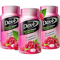 Dex4 Glucose Tablets – Raspberry Flavour – 50 Tablets per Bottle, 3-Pack – Fast-Acting, Pre-Measured Glucose Tabs – Fat-Free,