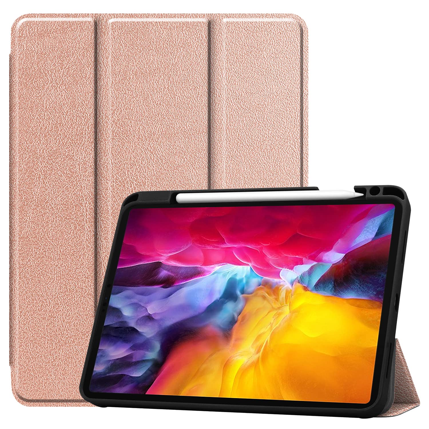 Tri-fold Stand Case for iPad Pro 11-inch 2021 with Pencil Holder, PU Front and TPU Back Full-Body Protective Tablet Magnetic Flip Cover【Apple Pencil Charging + Auto Sleep/Wake】 (Rose Gold)