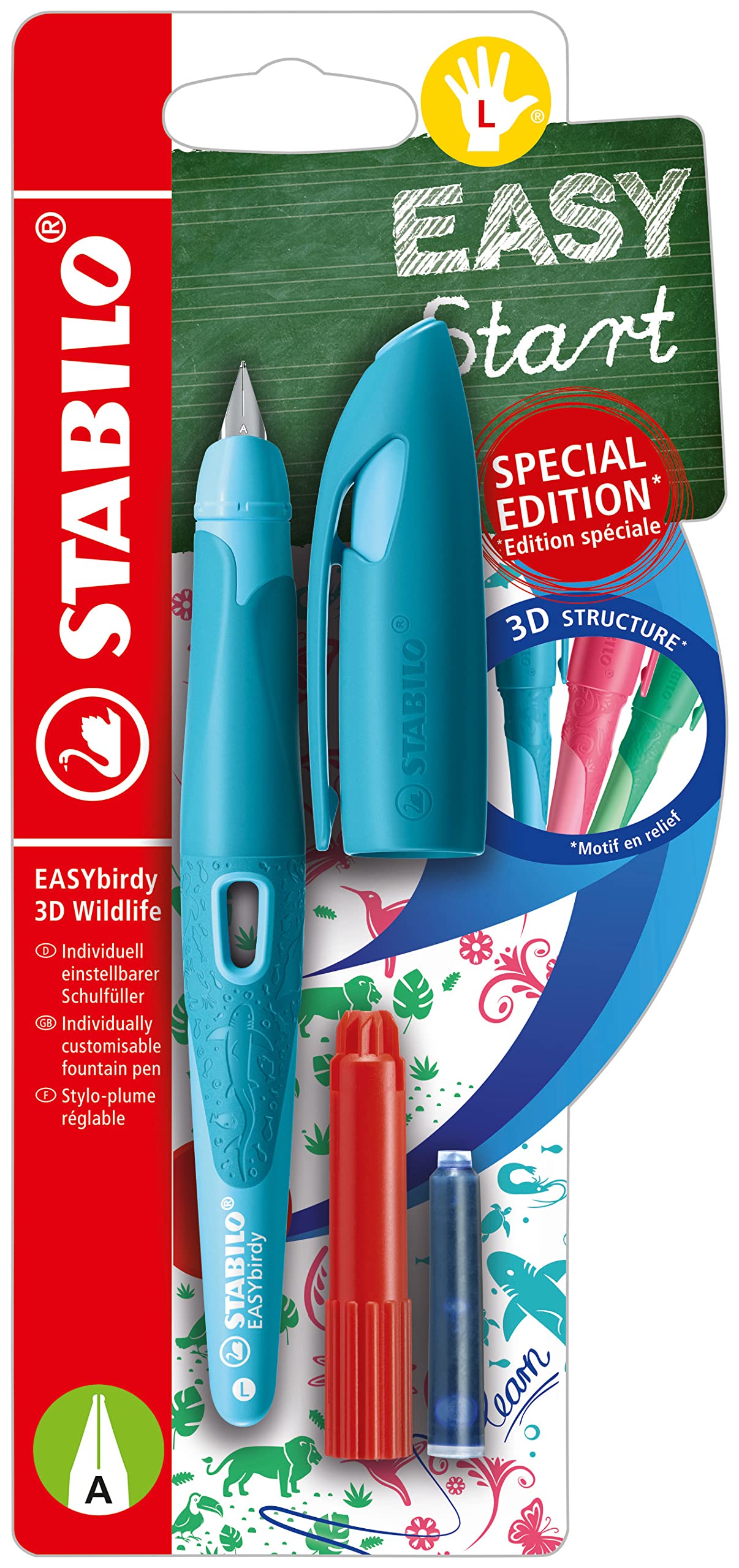 STABILO Ergonomic School Fountain Pen EASYbirdy 3D Wildlife Special Edition - A-Nib (Beginner) - Left-Handed - Pack of 1 - Blue with Erasable Blue Ink (Inc. Cartridge and Adjustment Tool)