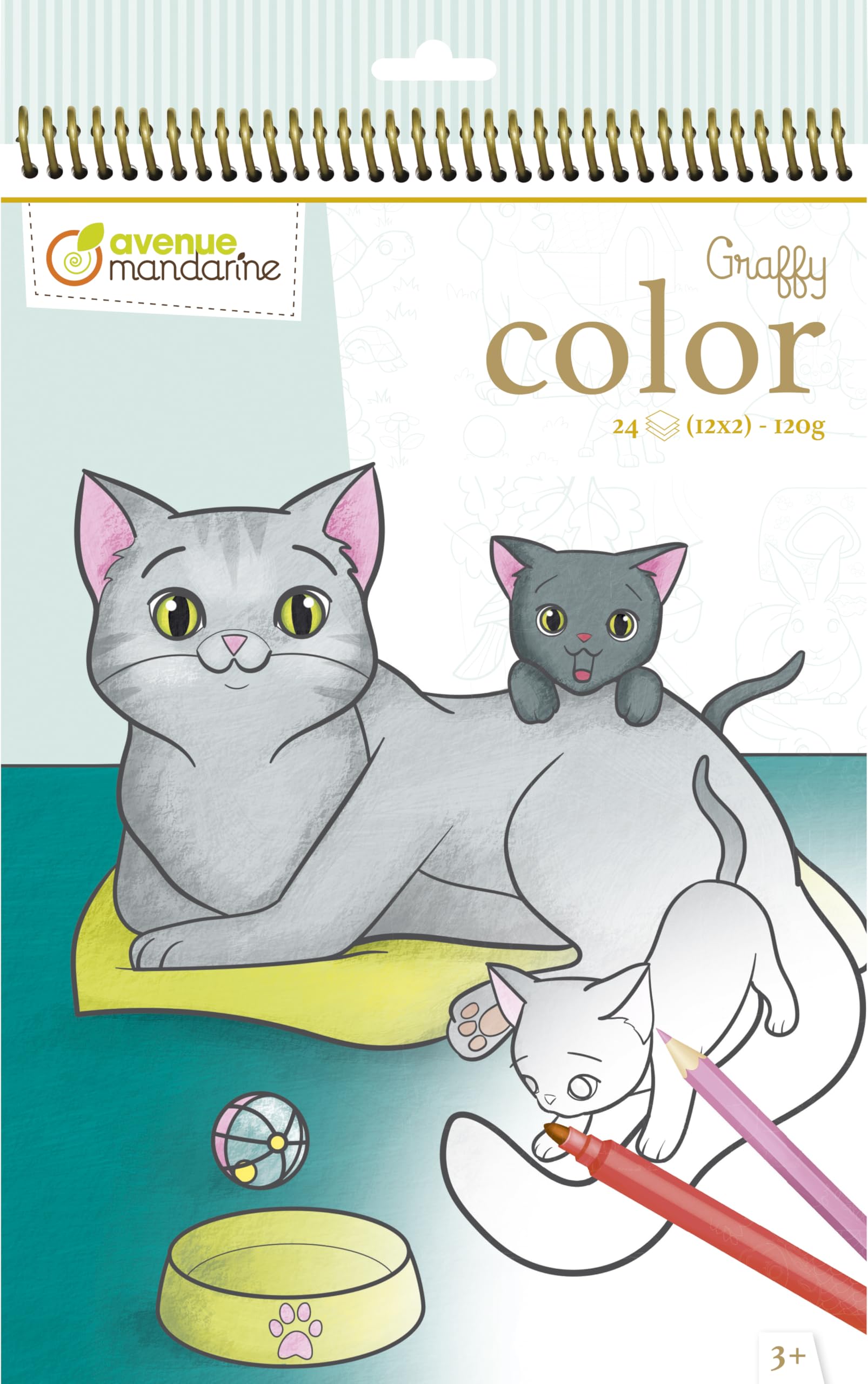 Avenue Mandarine - Ref GY105C - Graffy Color Colouring Book - Pet Family Designs - 120gsm Drawing Paper, Micro-Perforated Sheets, 24 Sheets, 12 Designs, Suitable for Ages 3+