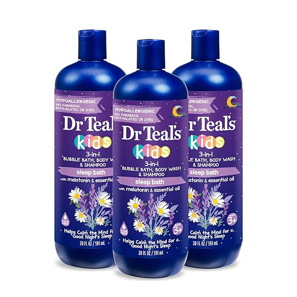 DR TEAL’S KIDS 3-IN-1 SLEEP BATH: BUBBLE BATH, BODY WASH & SHAMPOO WITH MELATONIN & ESSENTIAL OIL, 20 FL OZ (PACK OF 3)