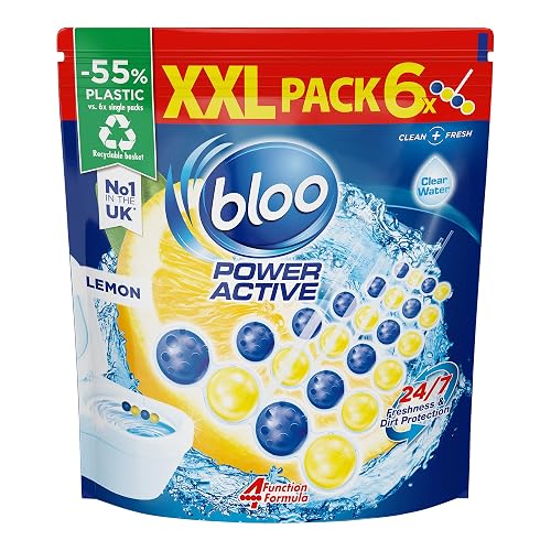 Bloo Power Active Toilet Rim Block XXL pack (300g = 6x50g) with Fresh Lemon Scent, Hanging Toilet Bowl Rim with Anti-Limescale Formula