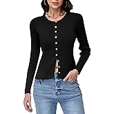 Simlakey Womens Lightweight Cardigan Long Sleeve Button Cropped Cardigan Sweater Round Neck Ribbed Knit Crop Top Slim Fit