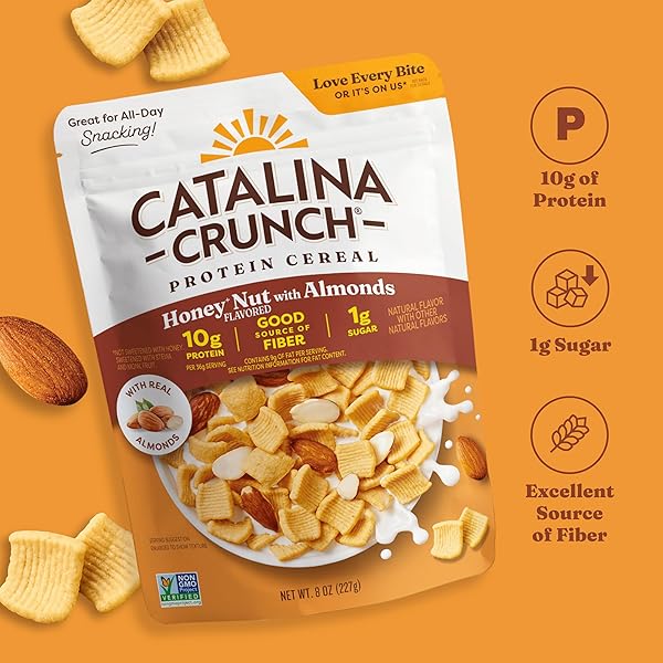 CATALINA CRUNCH PROTEIN CEREAL – BREAKFAST CEREAL WITH 10G OF PROTEIN, NO ADDED SUGAR – GLUTEN FREE – HONEY NUT WITH ALMONDS – 8 OZ. BAG (PACK OF 1), PACKAGING MAY VARY