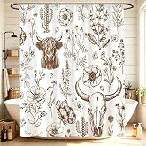Western Cowboy Shower Curtain for Bathroom With Cow Bull Skull 72x72 | American Tribal Highland Cow Cattle Bathtub Curtain, Beige Vintage Cottagecore Farmhouse Country , Floral Pattern Bath Decor