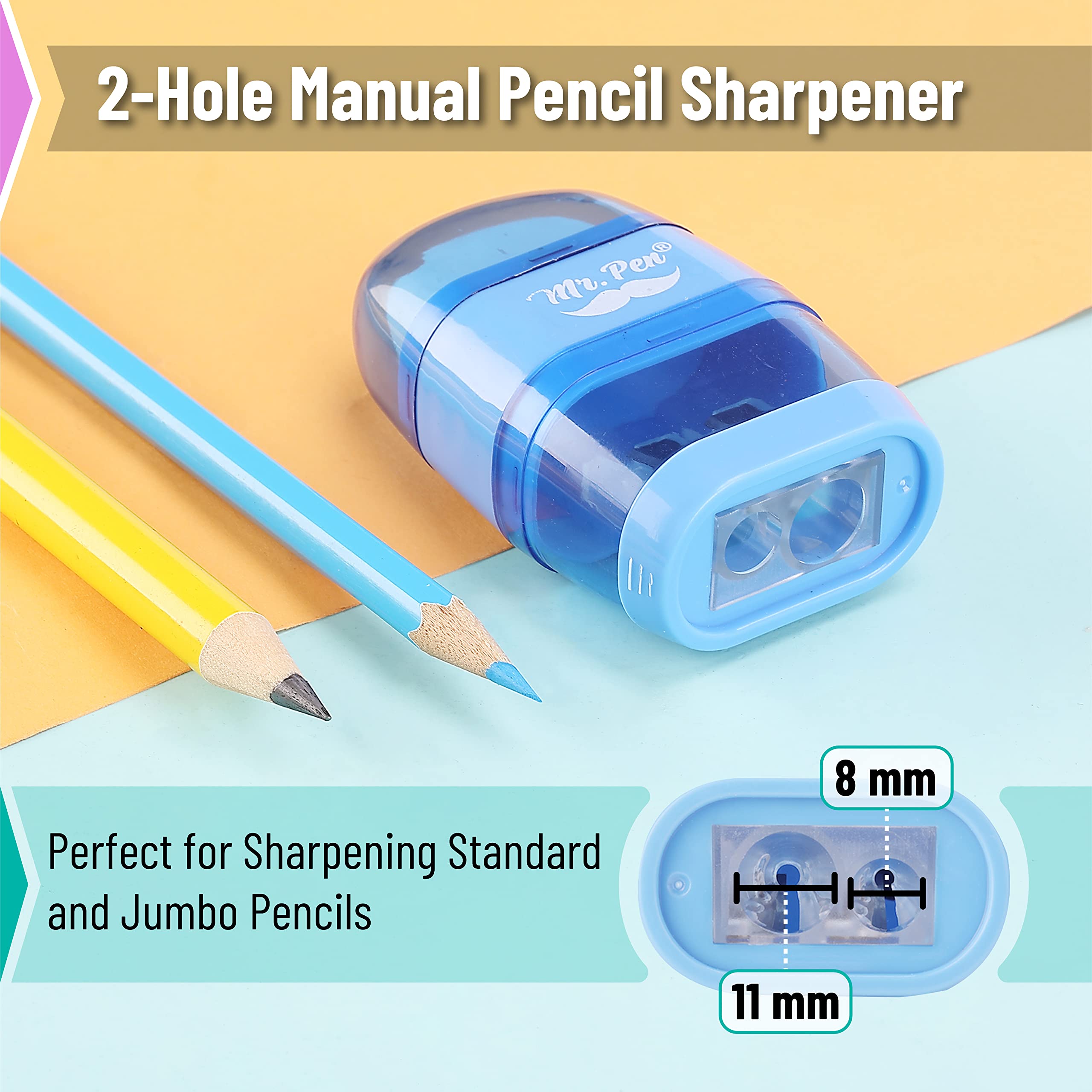 Mr. Pen- Pencil Sharpener & Eraser, 4 Pack, Colorful, 2 Sharpening Holes, Manual Handheld Small Pencil Sharpener