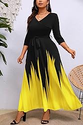 Runwind Plus Size Dress for Women 3/4 Sleeve V Neck
