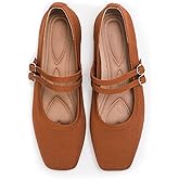 putaoma Women's Flats Square Toe Knit Mary Jane Ballet Shoes Soft Foldable Buckle Strap Women Shoe Comfortable Dressy Slip On Flat for Casual Office Work