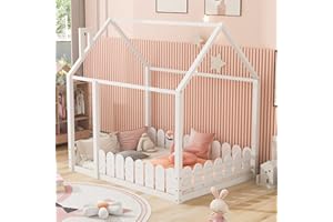 Harper & Bright Designs House Bed Full Size Montessori Floor Bed Frame with Roof and Fence, Box Spring Needed, for Kids, Teens, Girls, Boys (White)