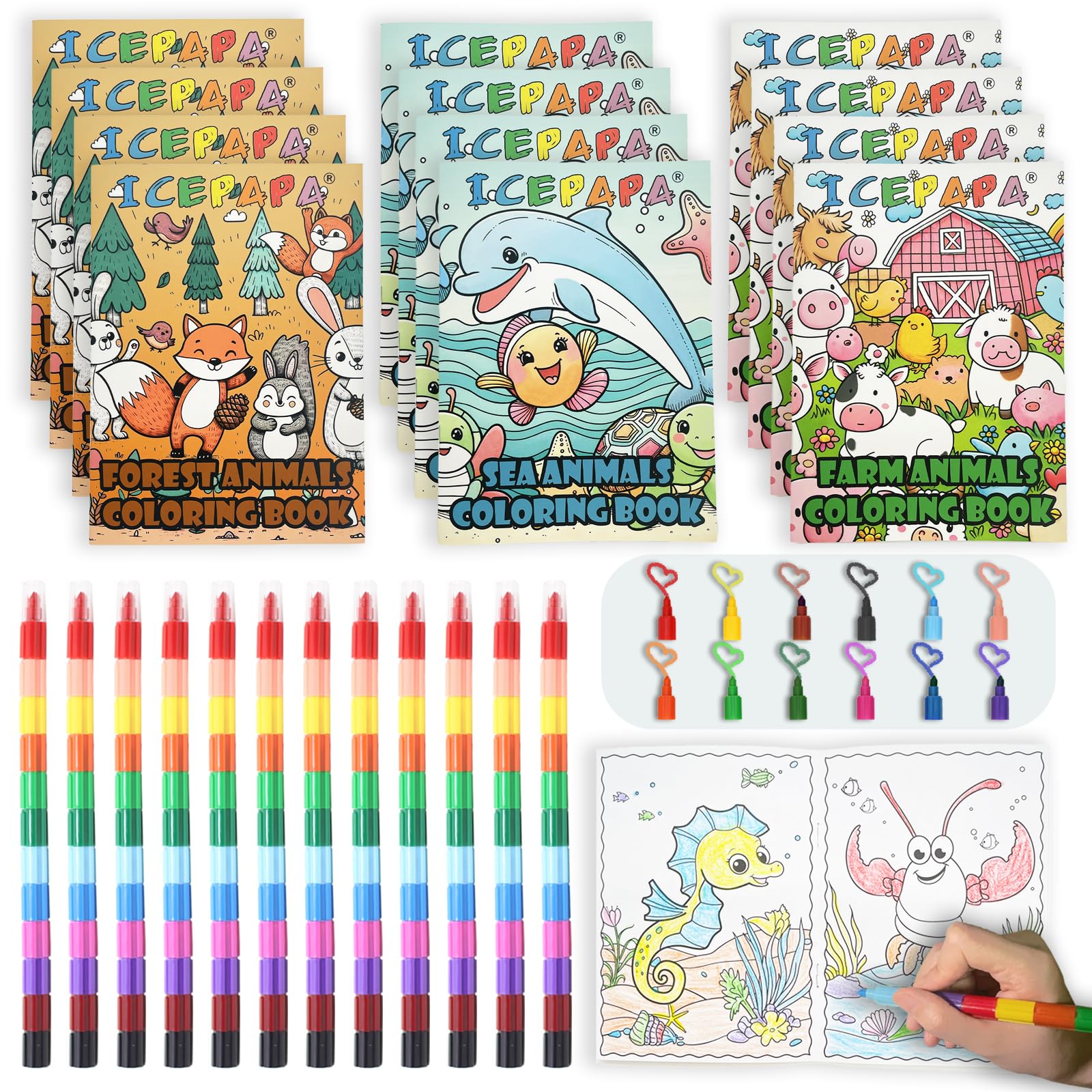 ICEPAPA, 12 colouring books for children and 12 crayons (12 colors in 1), mini colouring books for party bags, perfect for travel activity packs for kids and party bag fillers for kids unisex