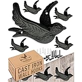 Flying Bird Cast Iron Hooks (5 Pack) Non Rusting Interior or Exterior Decorative Wall Hooks - Farmhouse Decor for Coats, Bags, Hats, Towels, Easy to Install (Black Hooks)