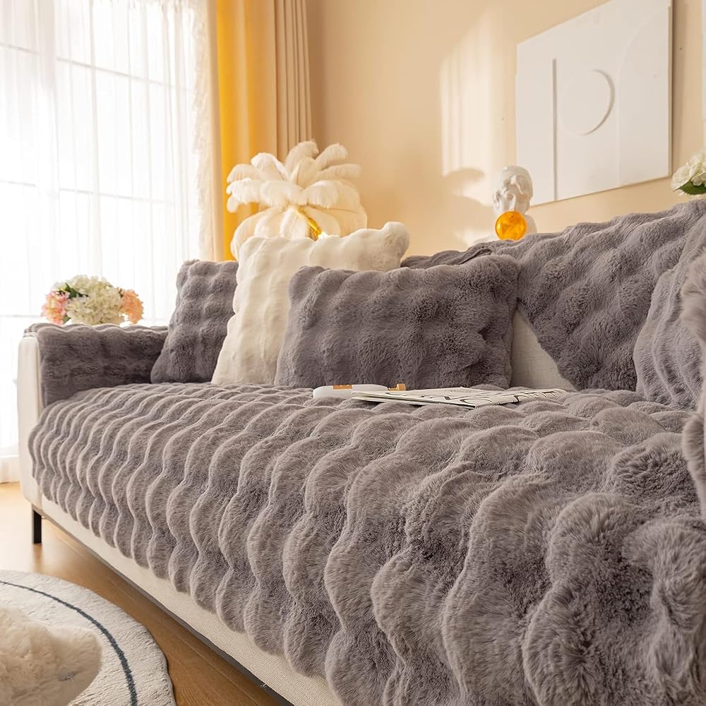LINGKY Thick Rabbit Plush Sofa Cover, Non-Slip, Dark Gray, 70x70cm