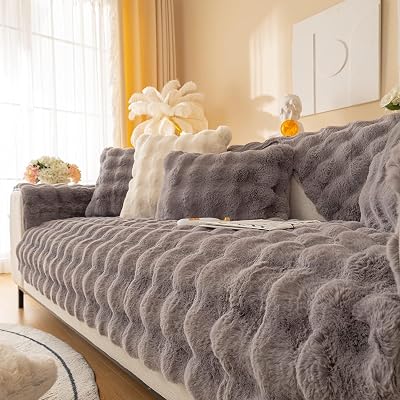 LINGKY Thick Rabbit Plush Sofa Cover, Non-Slip, Dark Gray, 70x70cm