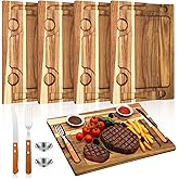 Honeydak 4 Set Acacia Wooden Steak Board Steak Plate Cutting Board with Fork, Knife and Sauce Cups 15.7 Inches Wood Serving Tray for Cheese Charcuterie Meat and Poultry, Birthday Wedding Gift