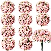 Tigeen 12 Pcs Peonies Artificial Flowers Faux Roses Silk Flowers Hydrangea Artificial Bouquet for Wedding Table Centerpiece Floral Vase Home Office Bridal Decor (Pink)