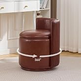 WUTUTUEE Faux Leather Vanity Chair with Storage, 360&deg; Swivel Makeup Chair with Pleated Back, No Assembly Small PU Accent Stool for Bedroom, Dressing Room, Living Room, Brown