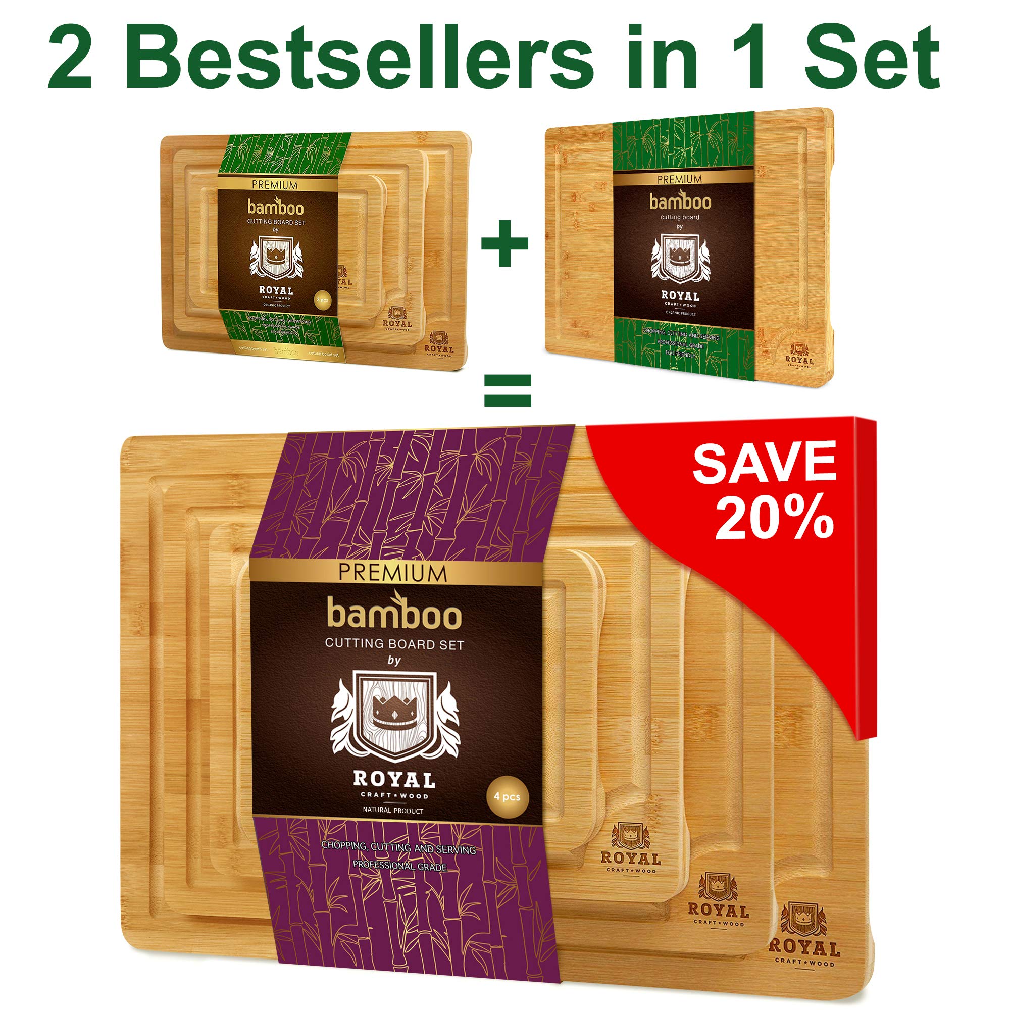 Organic Bamboo Cutting Board with Juice Groove (Set of 3) - Kitchen Cutting Board Meat (Butcher Block) Cheese and Vegetables | Antibacterial Heavy Duty Serving Tray with Handle