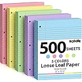 Koogel 500 Sheets Colored Filler Paper, 5 Colors 8 x 10-1/2 Inch Wide Ruled, 3-Hole Punched, Loose Leaf Notebook Paper for 3