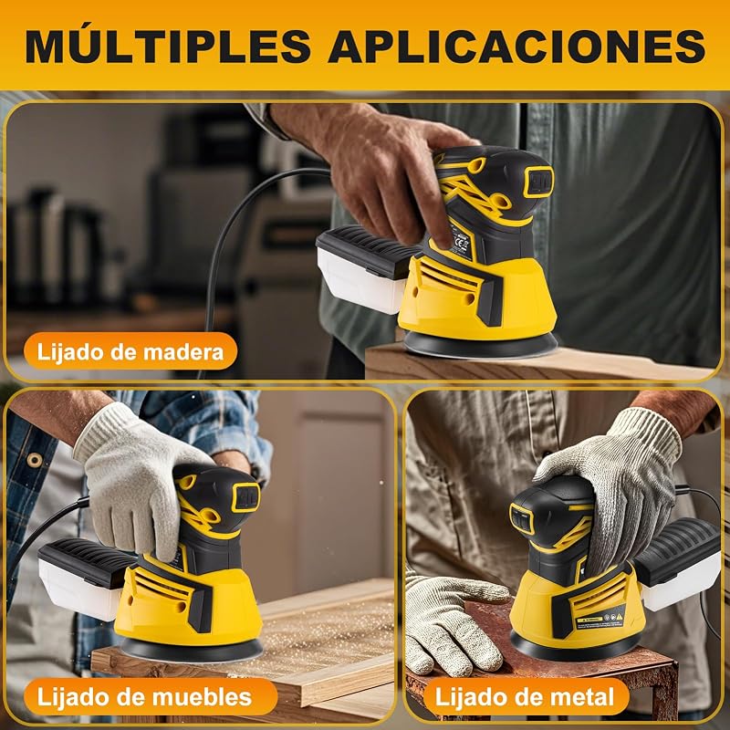 Lixadora de madeira, 350W, 6 velocidades, 125 mm, 20 lixa, 13000 RPM