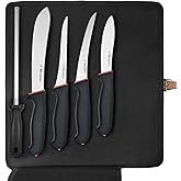 HALSENX 6PCS Professional Butcher Knife Set - 1.4116 German Steel & Softgrip, 8" Butcher, 6" Semi-Flex/Stiff Boning, 5" Skinning, 8" Sharpener Rod & Knife Roll Bag for Home Kitchen, Camping, Hunting