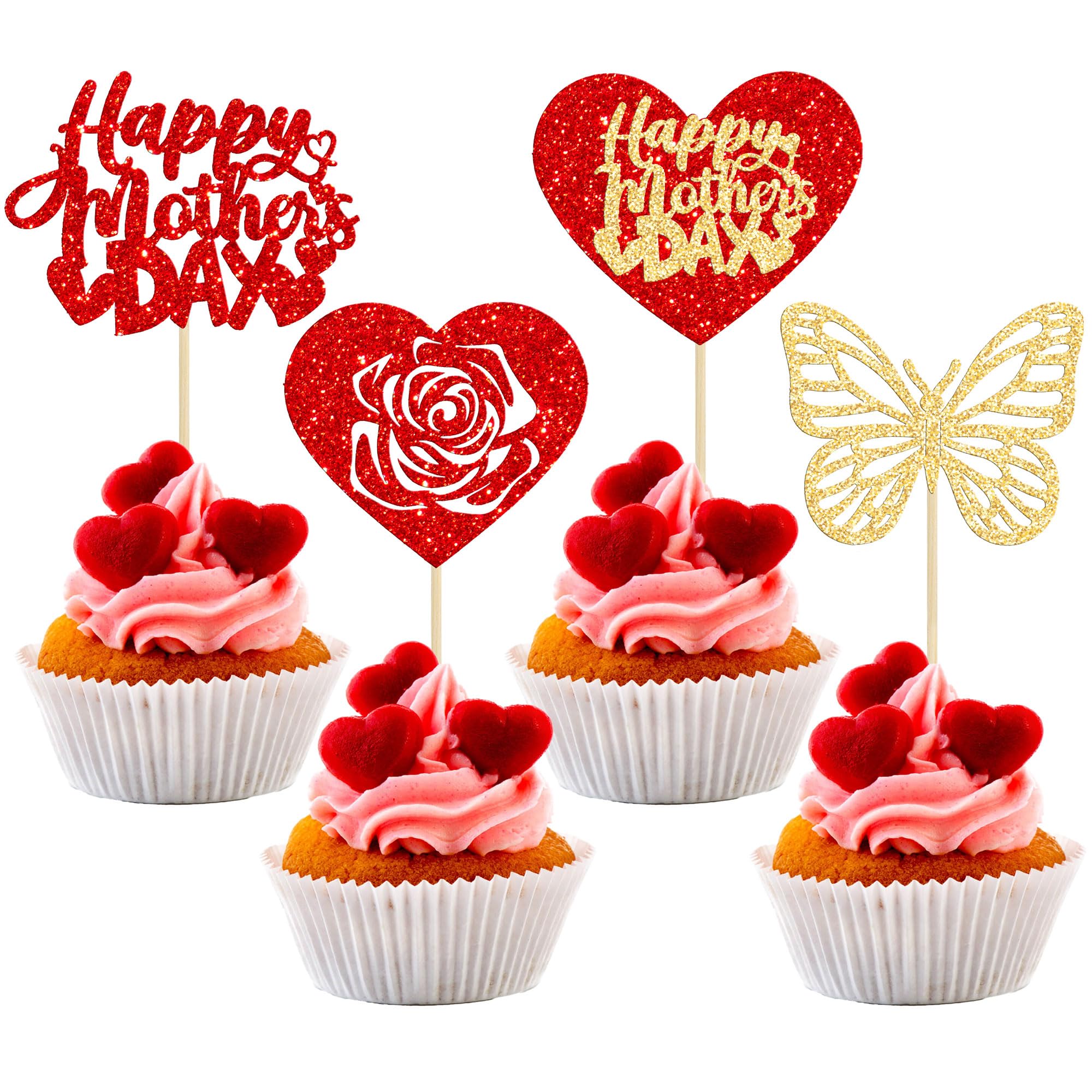 Gyufise 24 Pack Gold and Red Glitter Happy Mother's Day Cupcake Toppers Best Mom Butterfly Rose Heart Cupcake Picks Cake Decoration Party Supplies for Mother's Day Party Cupake Decorations — image 1