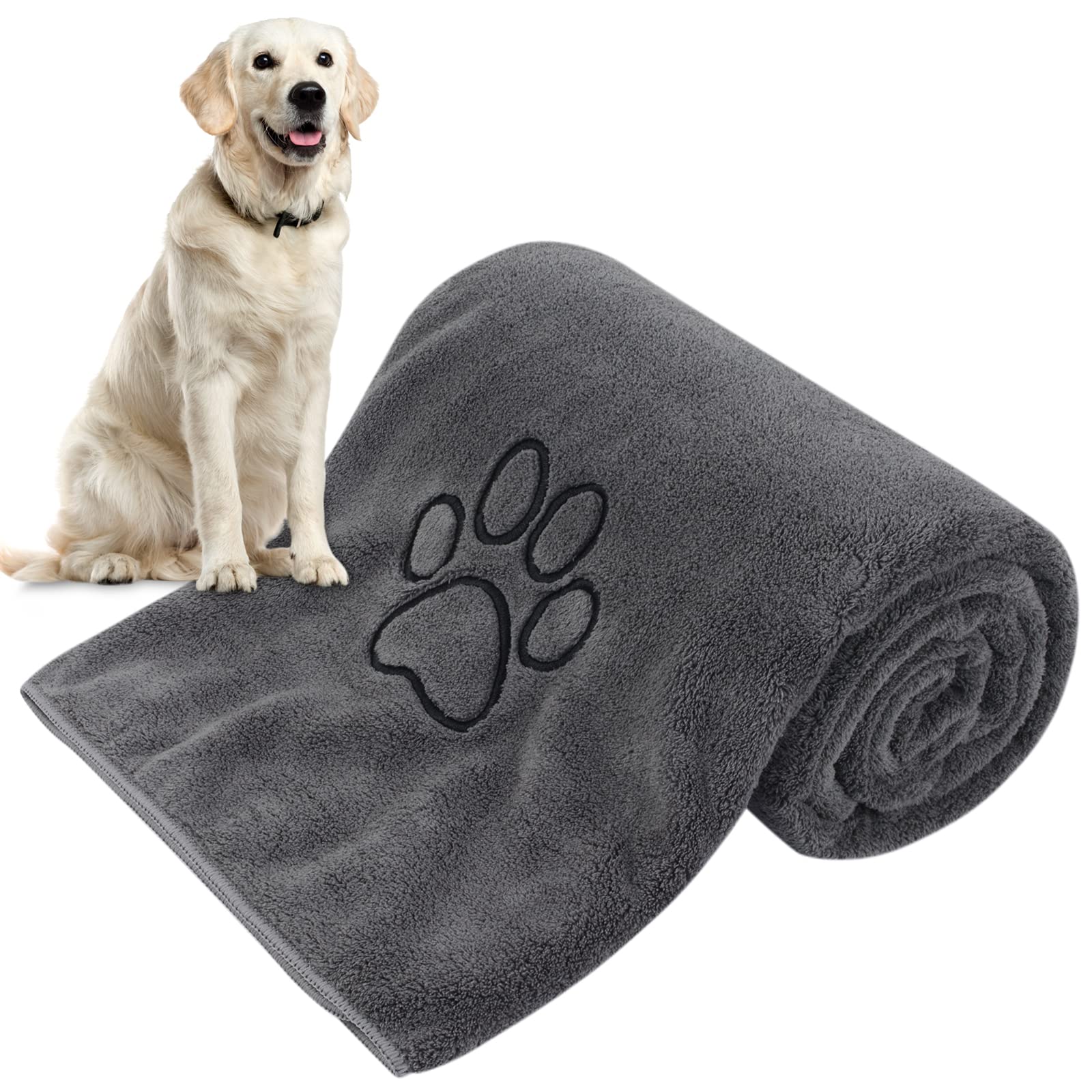 KinHwa Microfibre Dog Towels Large 127cm x 76cm Super Absorbent and Quick Dry Pet Towels for Bath Dogs Cats with Embroidered Paw Print Darkgrey