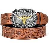 WOWOGO Women Men Western Belts Cowboy Cowgirl Country Belt Longhorn Bull Buckle Floral Embossed Belt for Jeans Dresses