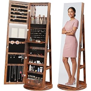 DUMOS 6 LEDs Standing Jewelry Armoire Cabinet, Full Length Mirror, Lockable | 360° Swivel, Jewelry Organizer and Storage, Bui