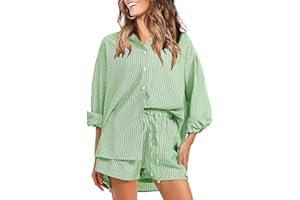 EXLURA Women's Summer 2 Piece Sets Long Sleeve Button Down Shirts Matching Short Sets Beach Vacation Cruise Outfits 2025