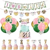 Bessmoso Two Wild Birthday Decorations 54 pcs Jungle Safari Themed 2nd Birthday Jungle Wild Animals Banner Balloons Cake Topper Cupcake Toppers for Girls Pink Wild Safari Themed Party Decoration
