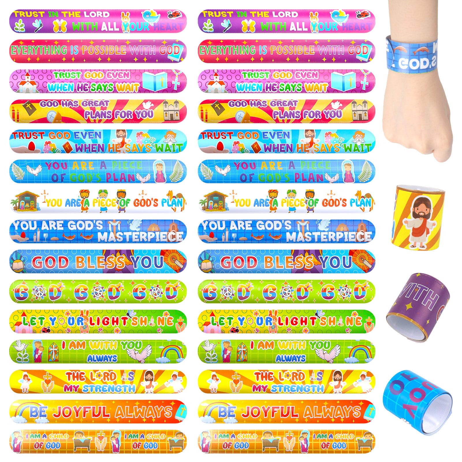 Photo 1 of LovesTown 48PCS Christian Snap Bracelets, Bible Verses Religious Slap Wristbands Slap Bracelets for Kids Sunday School Gifts Classroom Prizes