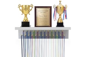 Purbambo Medal Hanger Display, Bamboo Trophy Shelf with 25 Steel Hooks, Wall Mount Ribbon Medals Holder for Gymnastics, Soccer, Running Race Awards - White