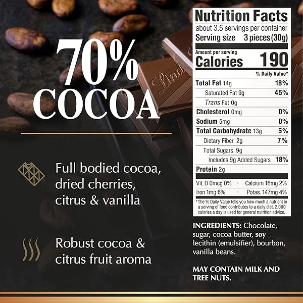 LINDT EXCELLENCE 70% COCOA DARK CHOCOLATE CANDY BAR, DARK CHOCOLATE, 3.5 OZ. BAR