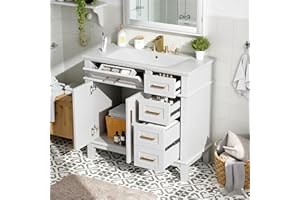 36 Inch Modern Bathroom Vanity with Integrated Ceramic Sink Freestanding Solid Wood Frame Storage Cabinet Featuring Golden Zi