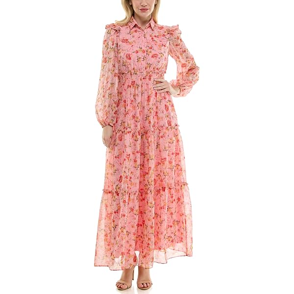 Adjustable Waist Tie Maxi Maison Tara Floral Long Sleeve Midi Dress Maison  Tara Dress For Women