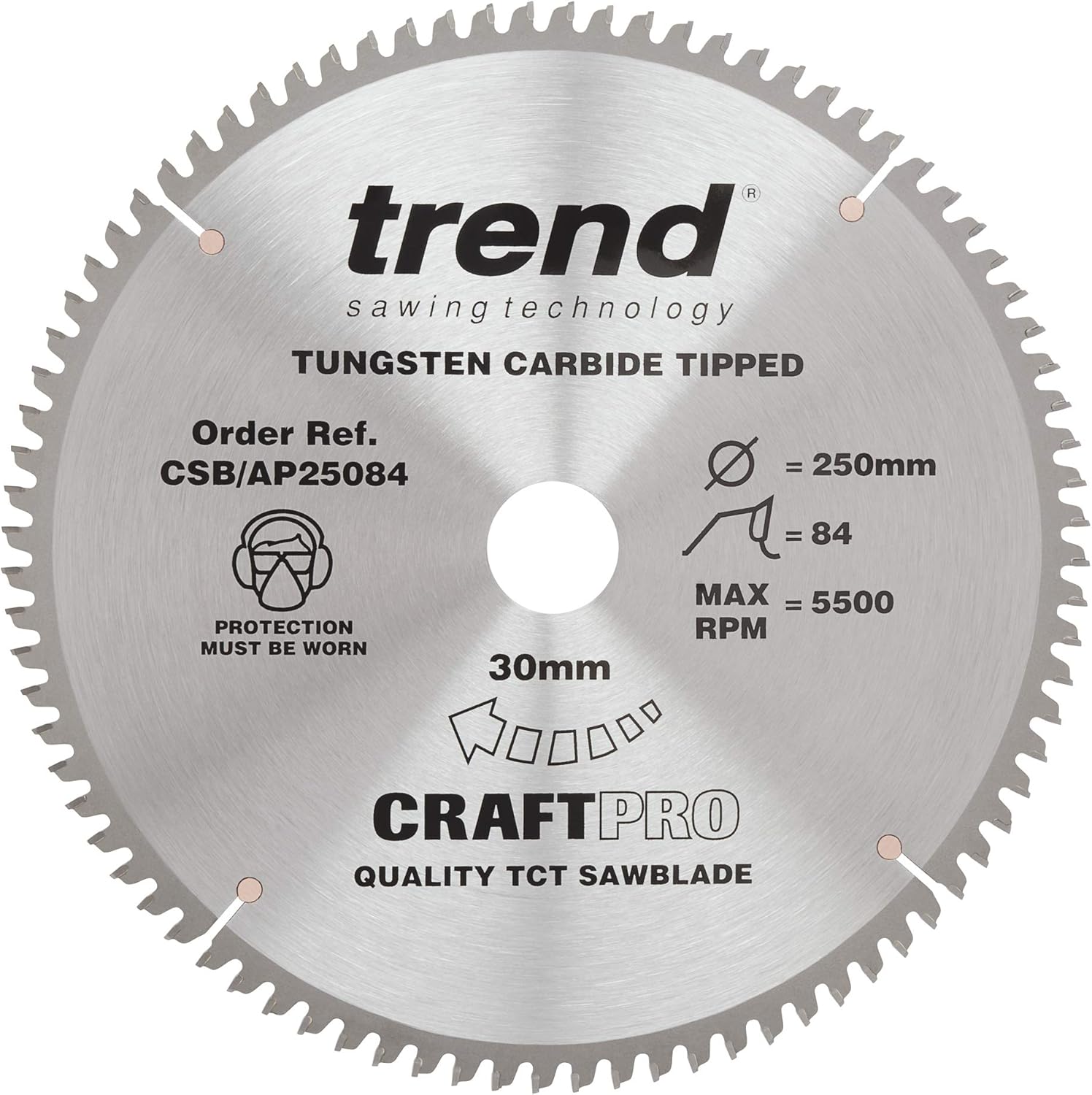 Trend Aluminium & Plastic Circular Saw Blade, 250mm Diameter, 30mm Bore, 84 Teeth, 3mm Kerf, -6° Hook, TCT, Extra-Fine Finish